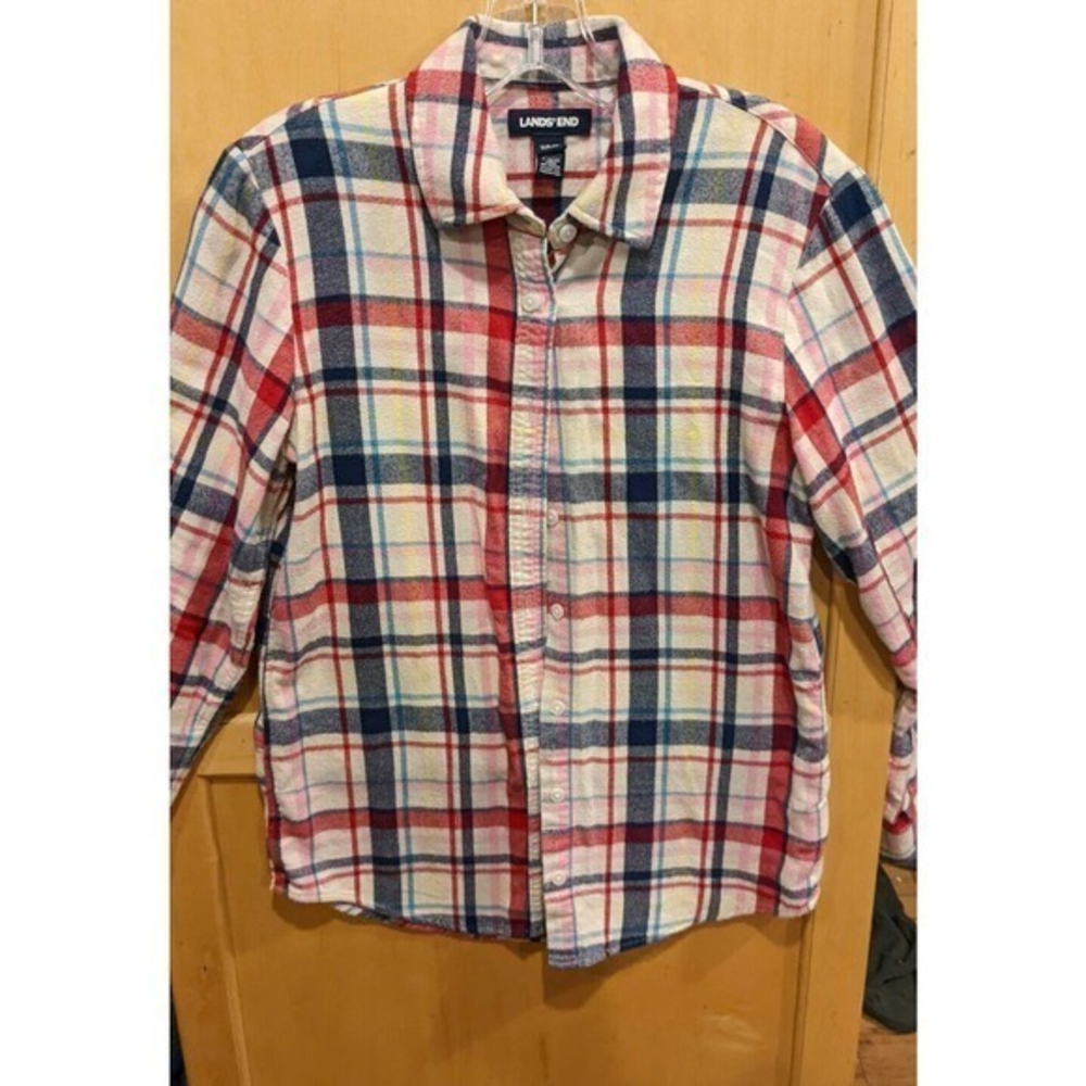 Lands End Plaid Button Down Shirt Size XS 2-4 red, pink, Long Sleeve Collared